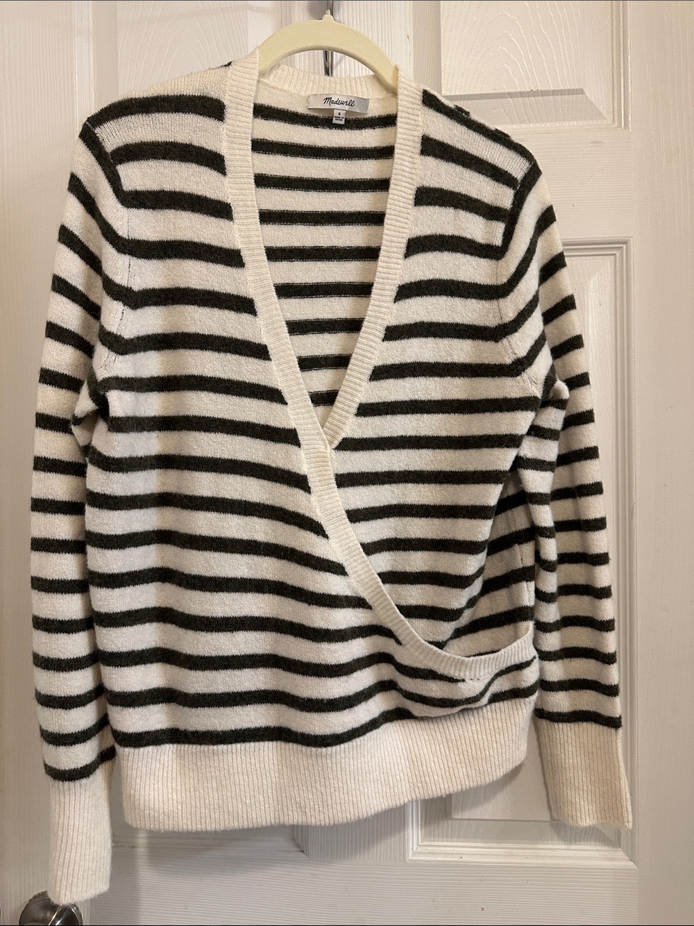 Madewell Cream and Olive Green Striped V-Neck Wrap Sweater